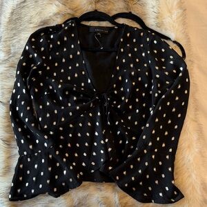 Adelyn Rae Black Blouse with Ivory Dot Print and Front Tie